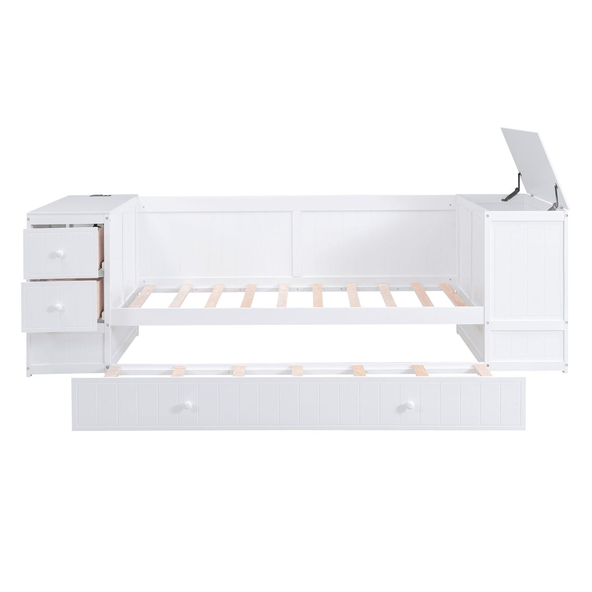 Daybed with storage arms and trundle in white by HouseOfZazla; built-in cabinets on Tampa Home & Garden Store