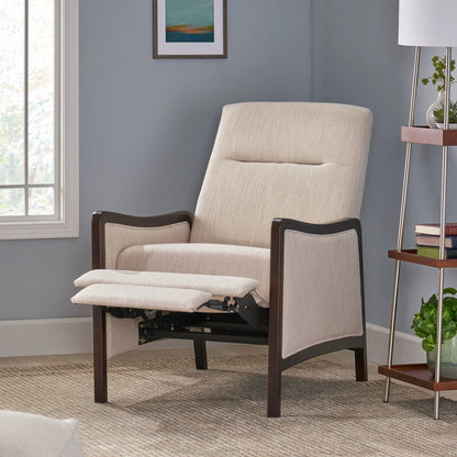 Drury pushback recliner with beige fabric and dark wood arms plus matching ottoman on Tampa Home & Garden Store