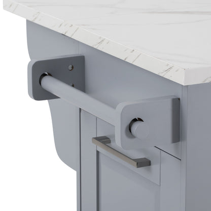 K&K Kitchen Island with Storage Tilt Trash Can Cabinet gray base, white marble top on Tampa Home & Garden Store