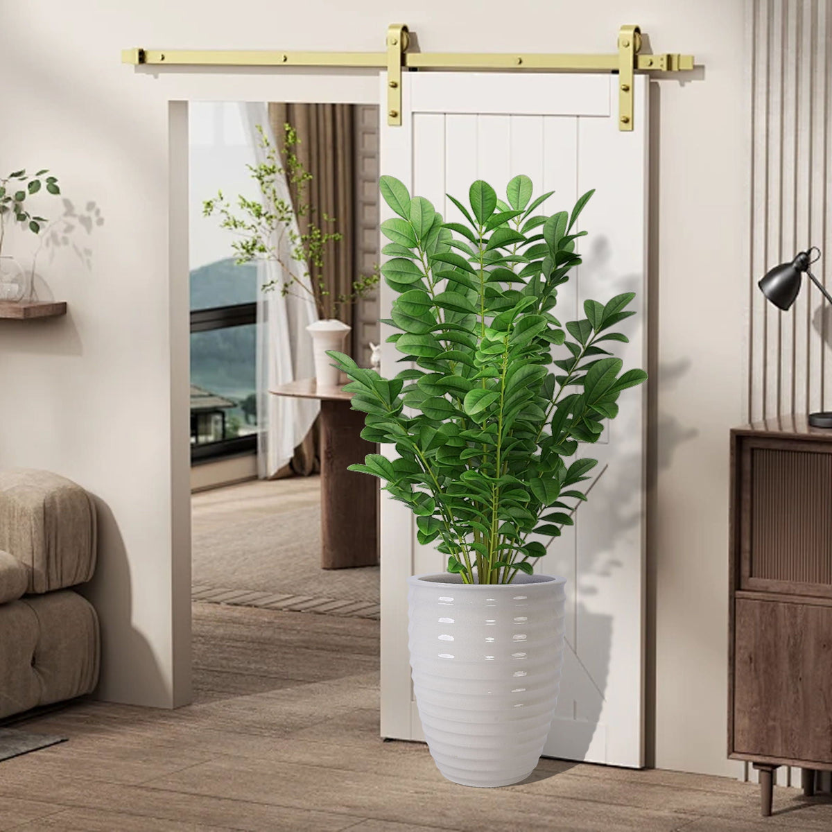 Flowerpot planter white ceramic ribbed finish with leafy plant, HouseOfZazla on Tampa Home & Garden Store