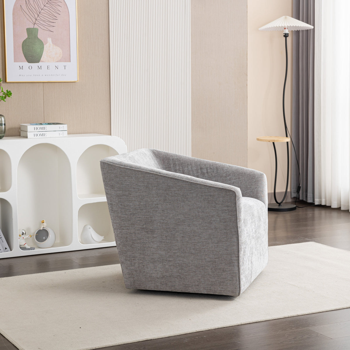 Nice Modern Upholstered Barrel Armchair, gray fabric, 360° swivel by HouseOfZazla in living room on Tampa Home & Garden Store