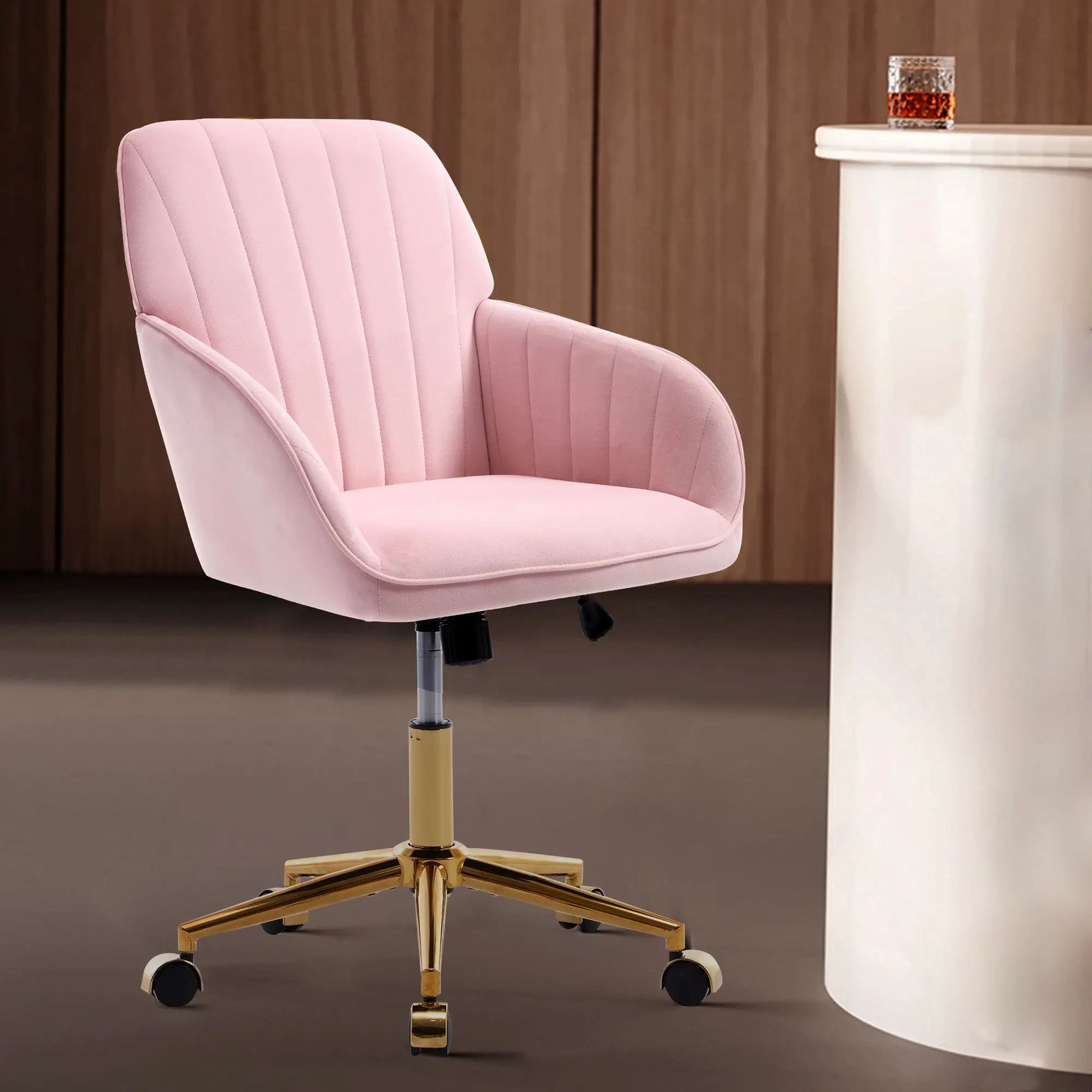 Adjustable Ergonomic Swivel Office Chair with pink velvet upholstery and gold base on Tampa Home & Garden Store