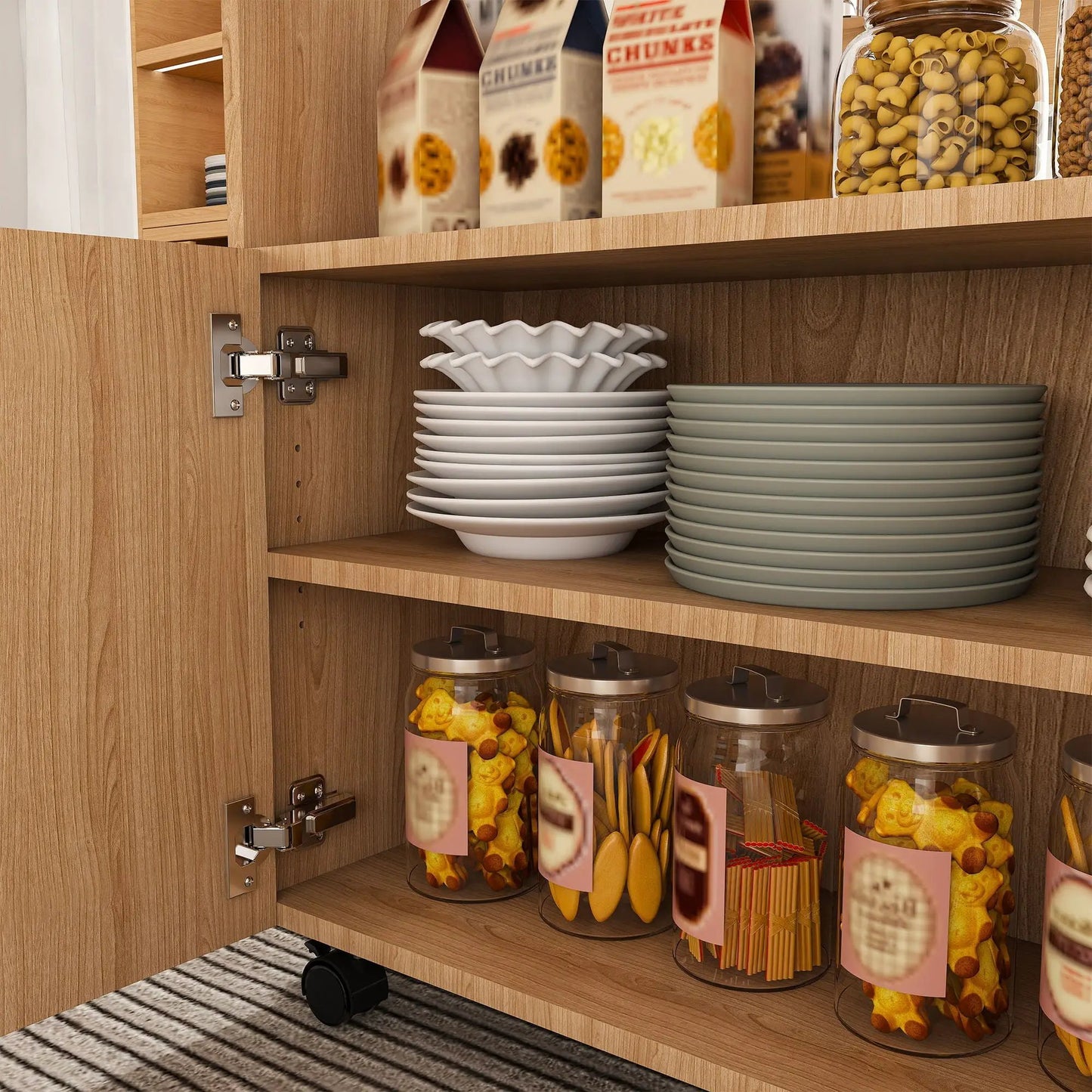 Multi functional folding island on wheels with storage shelves in wood finish, stacked plates on Tampa Home & Garden Store