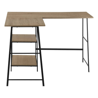 L-shaped corner desk with oak finish and storage shelves on black metal legs on Tampa Home & Garden Store