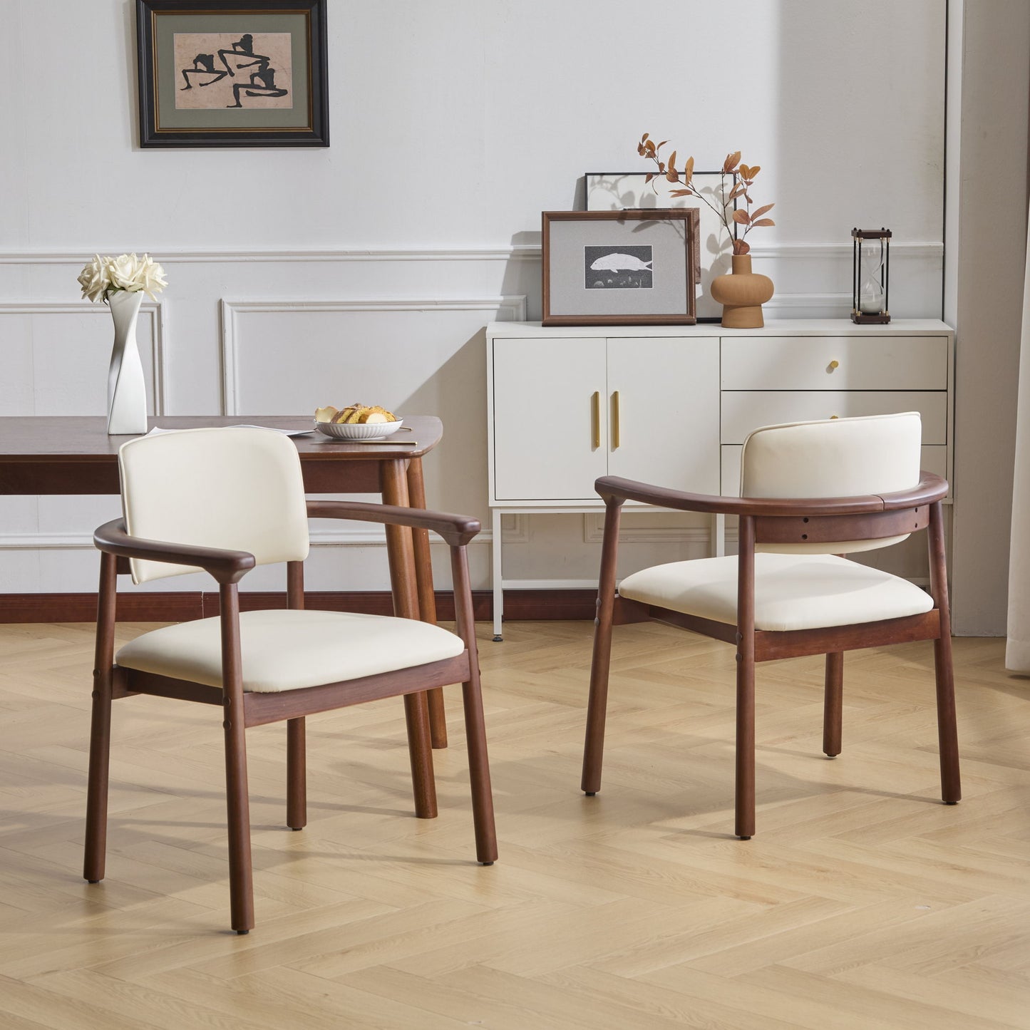 Beige Dining Room Chairs and Dark Walnut Frame