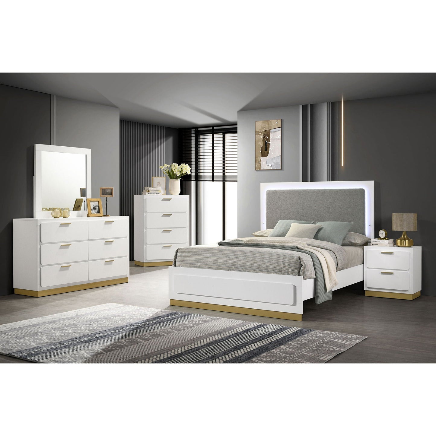 Sophia panel bed with LED headboard, white finish in a gray bedroom with white dressers on Tampa Home & Garden Store