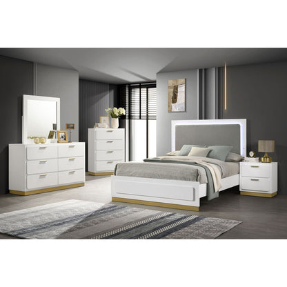 Sophia panel bed with LED headboard, white finish in a gray bedroom with white dressers on Tampa Home & Garden Store