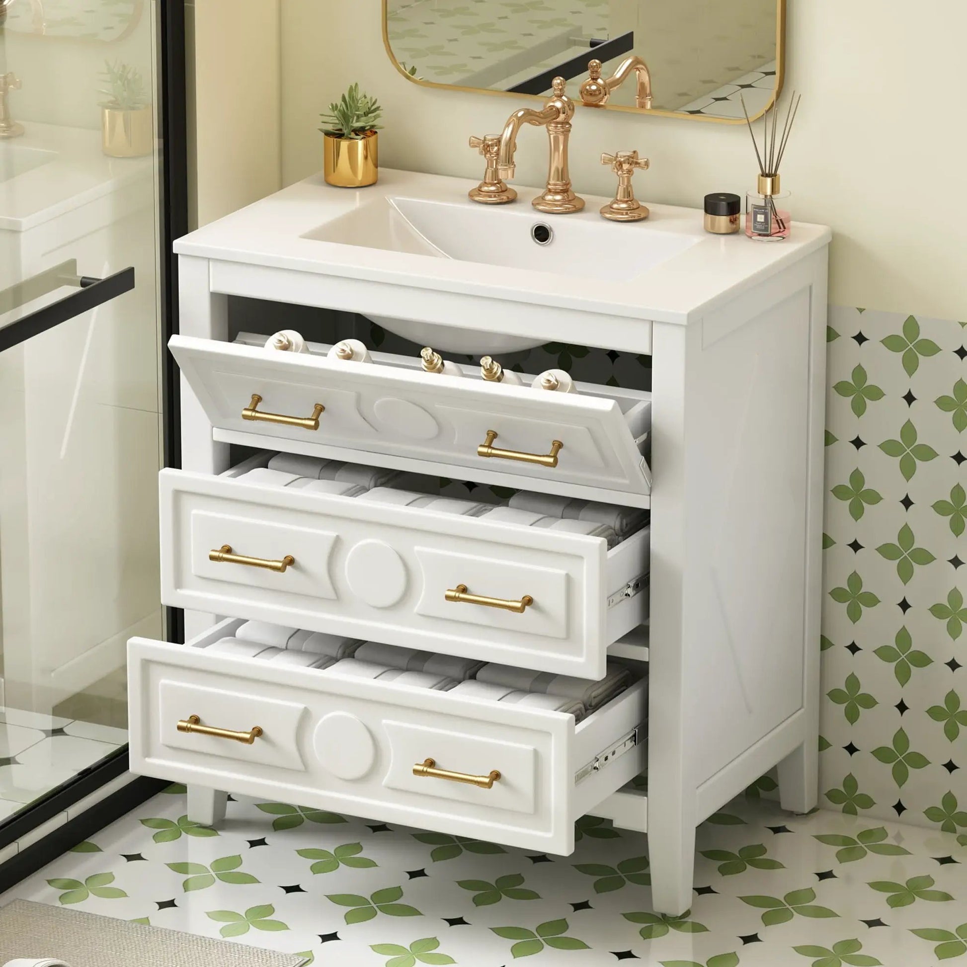 Retro vanity with sink, white cabinet with 3 drawers, brass hardware by Unique Piece Furniture on Tampa Home & Garden Store