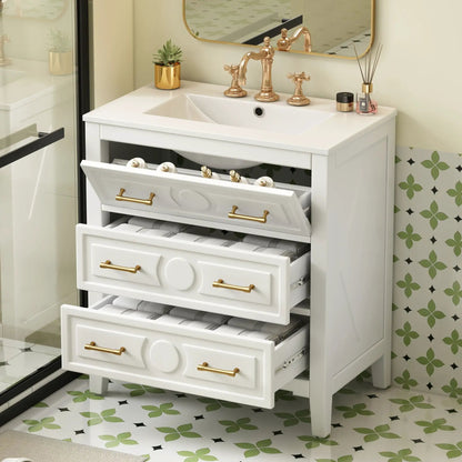 Retro vanity with sink, white cabinet with 3 drawers, brass hardware by Unique Piece Furniture on Tampa Home & Garden Store
