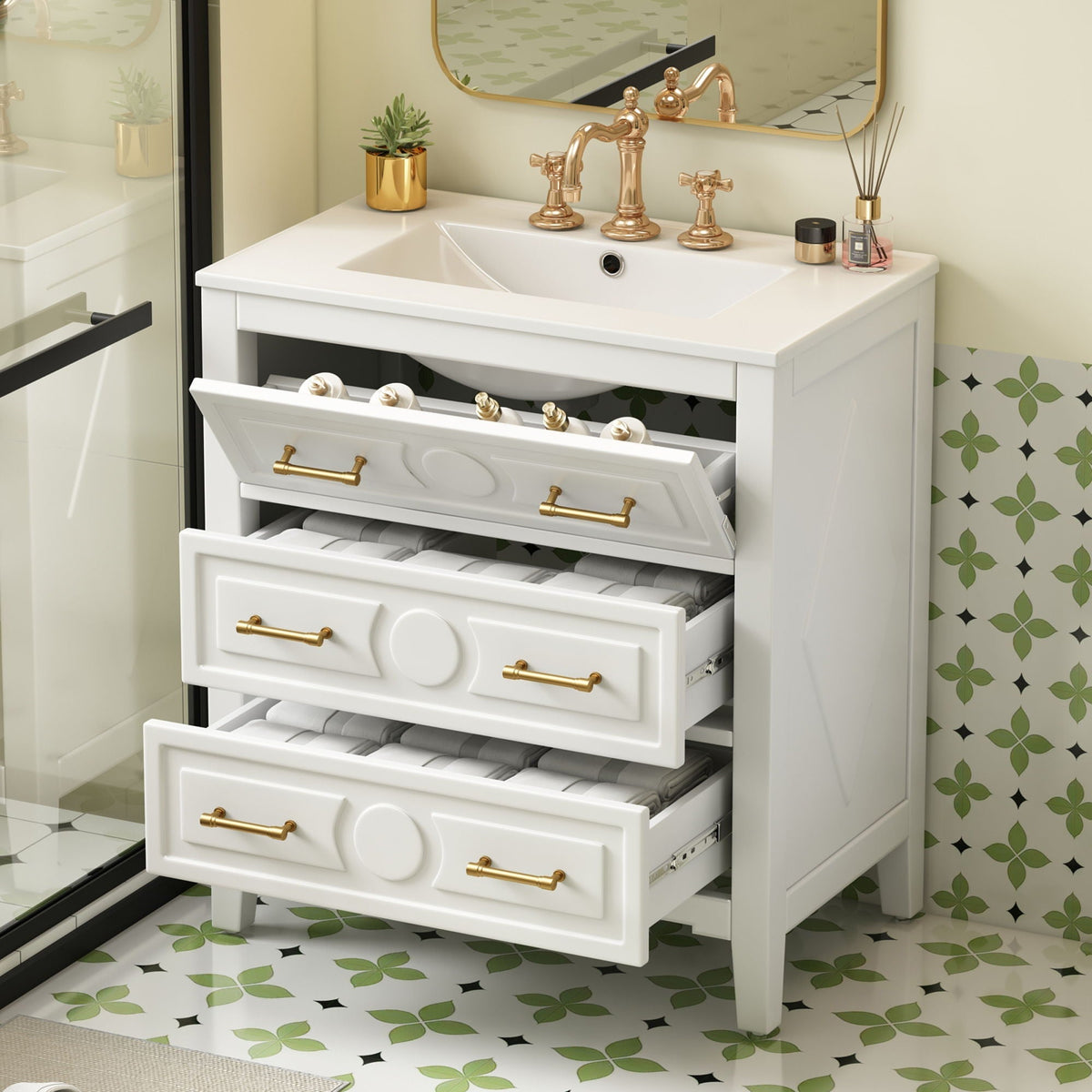 Retro Bathroom Vanity with Sink Combo white freestanding vanity with gold faucet and 3 drawers on Tampa Home & Garden Store