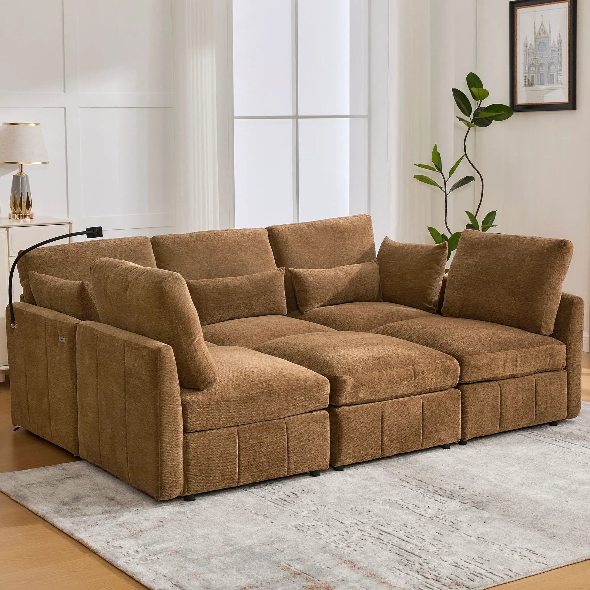 Modern modular brown fabric U-shaped sectional sofa set, 2-piece living room on Tampa Home & Garden Store