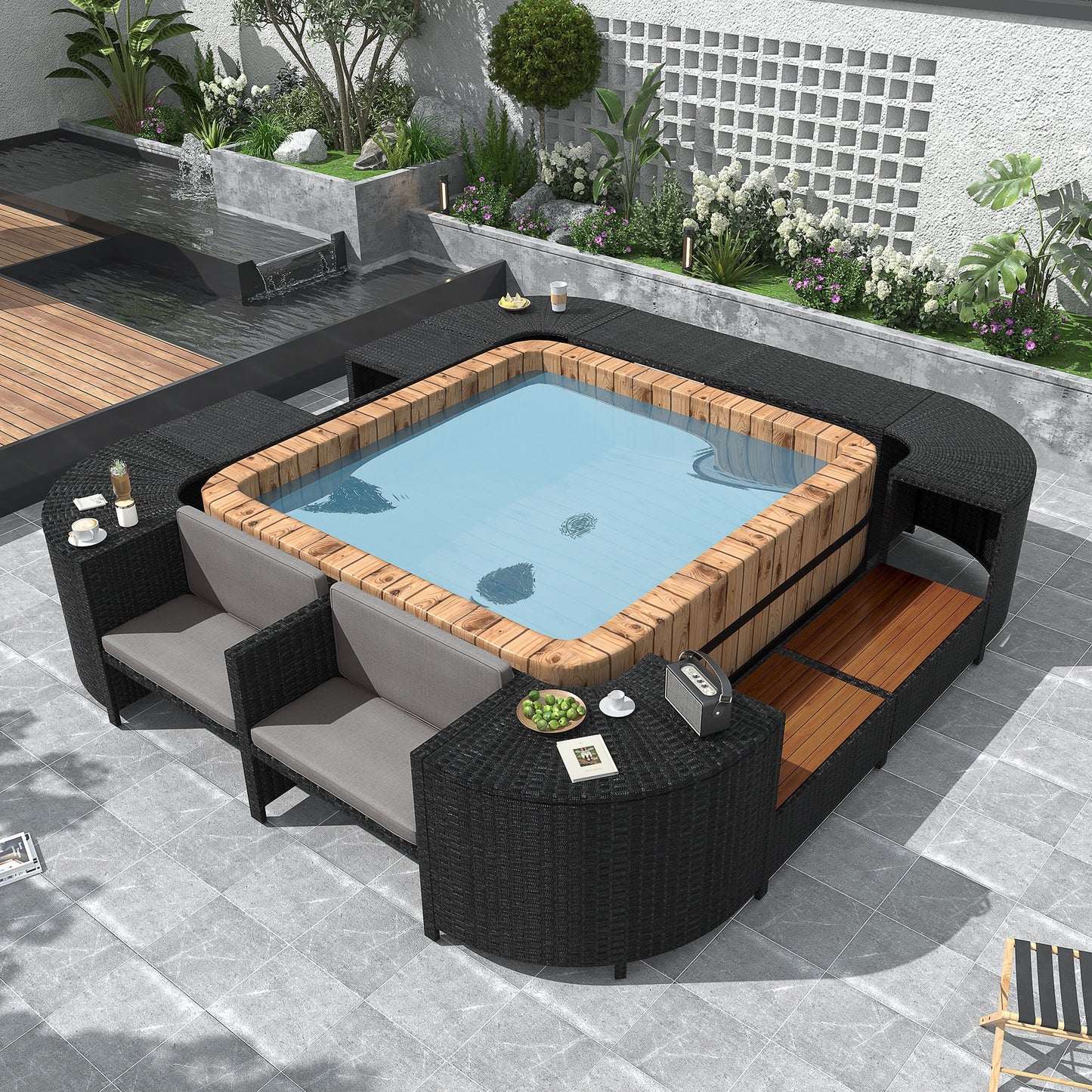 Outdoor Rattan Spa Frame and Modular Storage Seat