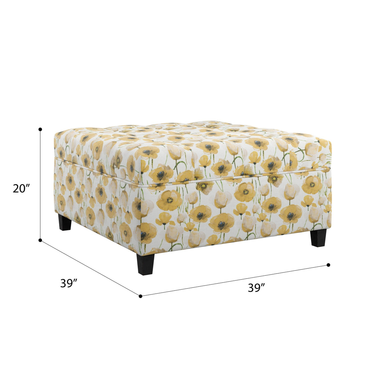 Floral storage ottoman by HouseOfZazla, gold yellow floral pattern, rectangular with black legs on Tampa Home & Garden Store