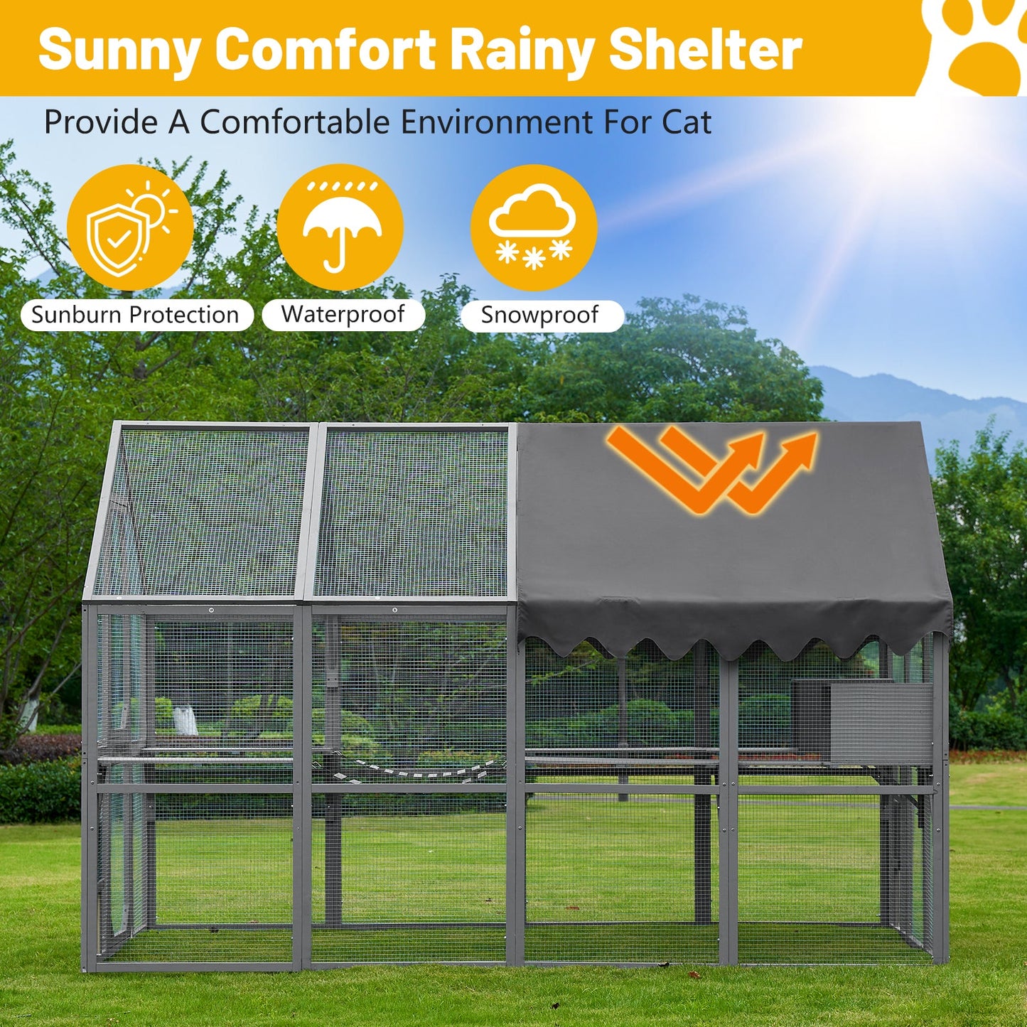 Cat House enclosure by HouseOfZazla in a gray metal frame with mesh walls and a gray canopy with orange logo on Tampa Home & Garden Store