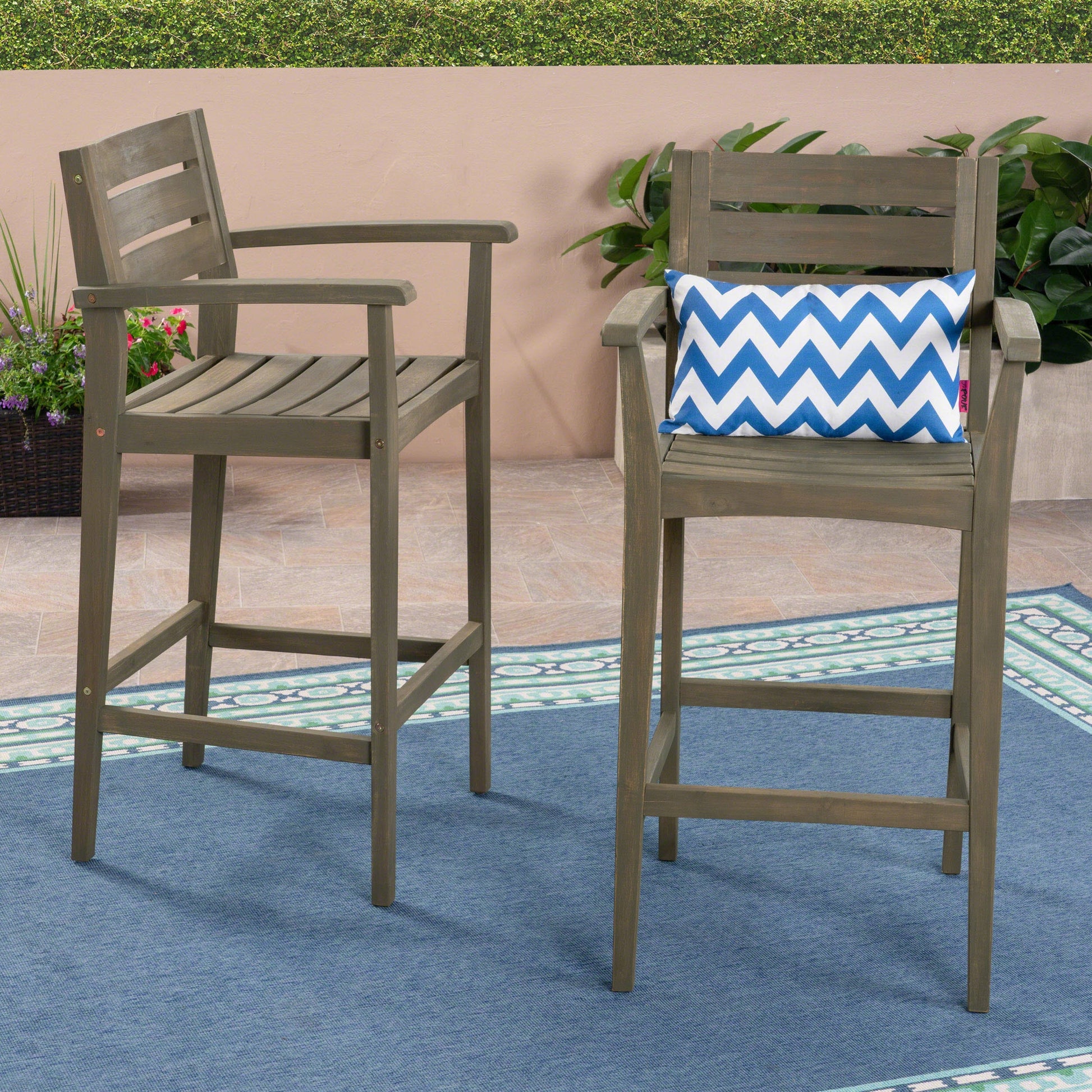 Stamford Barstool pair in weathered gray wood with blue chevron pillow HouseOfZazla on Tampa Home & Garden Store