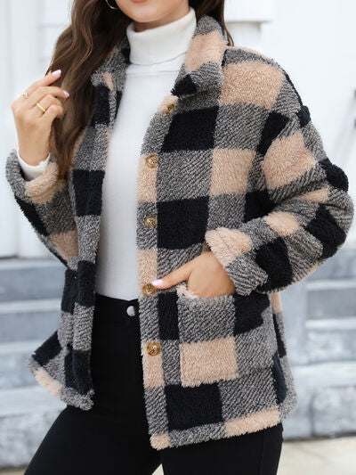 Fuzzy plaid button-up jacket in beige black gray with drop shoulders by Stevvex on Tampa Home & Garden Store