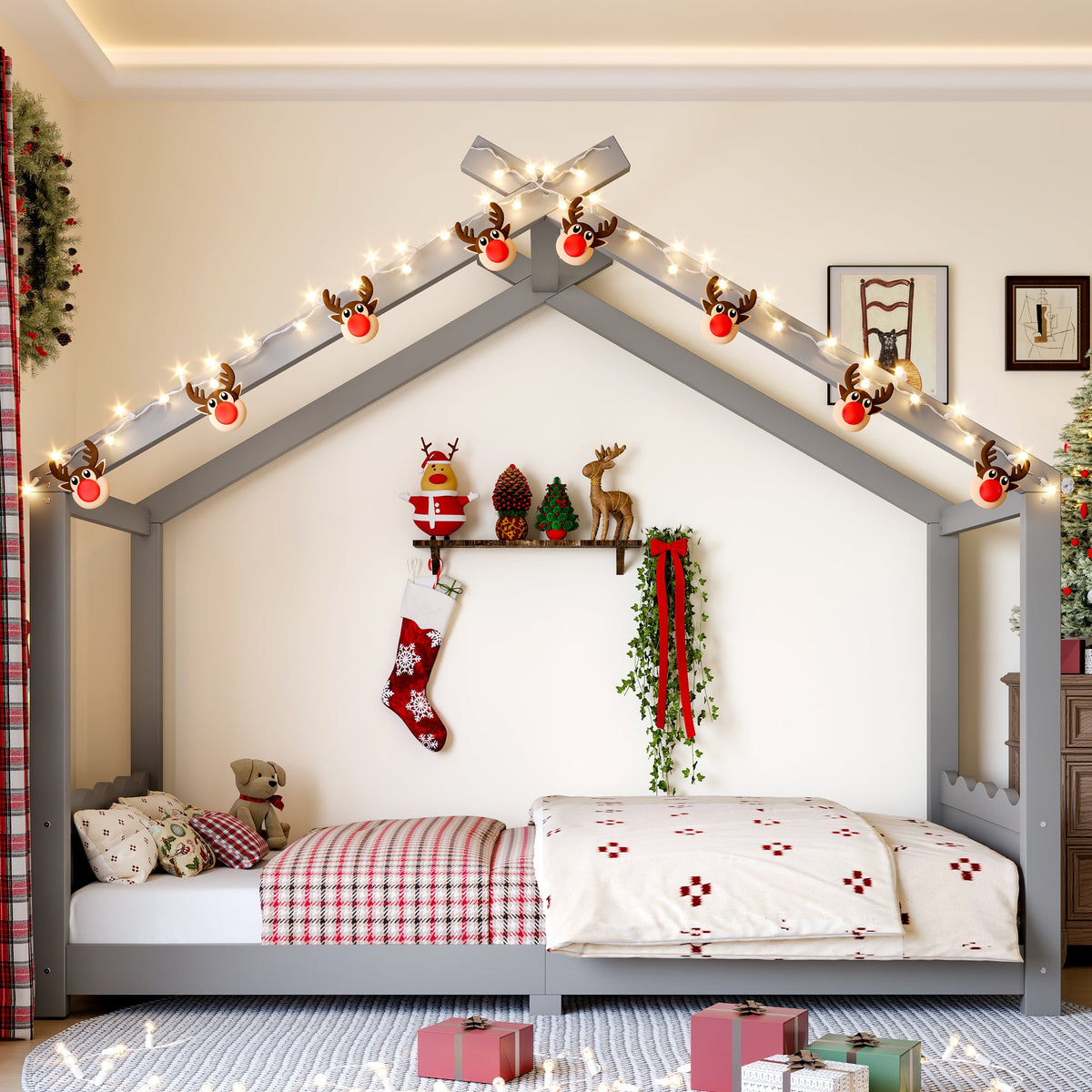 Twin house-frame bed with slatted base in white solid wood, adorned with string lights and festive reindeer ornaments on Tampa Home & Garden Store
