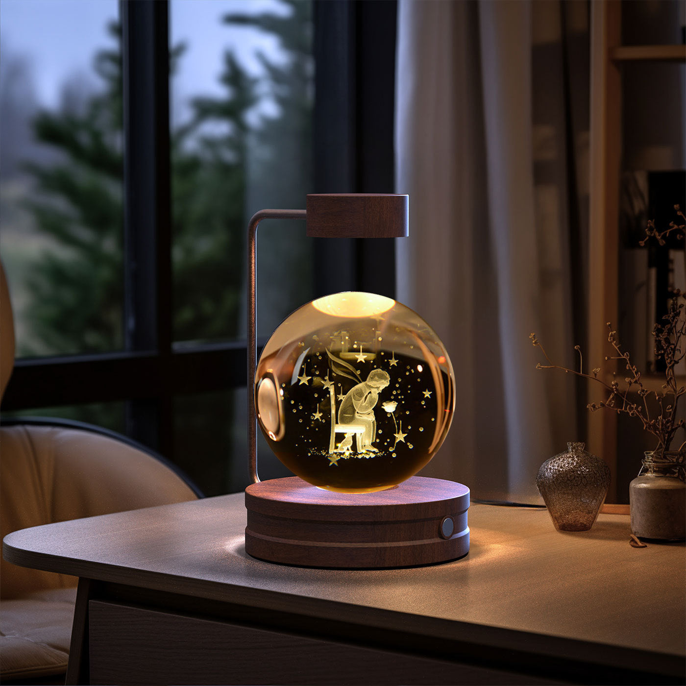 Crystal Ball Cosmic Dinosaur Night Light with warm amber glow, wooden base, USB powered on Tampa Home & Garden Store
