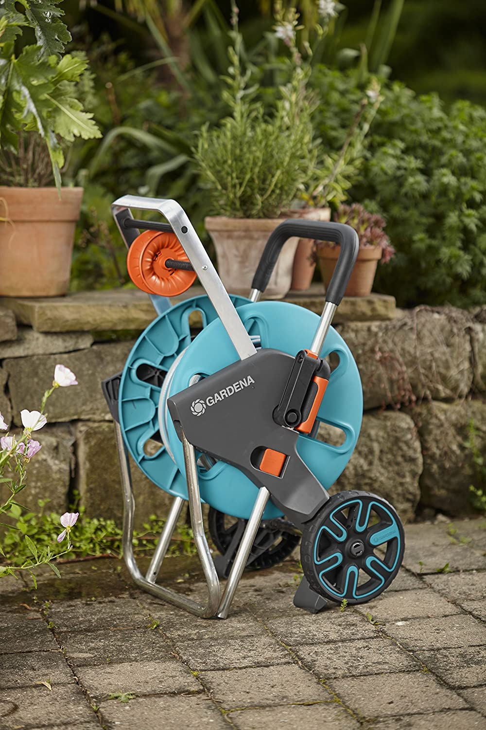 Gardena CleverRoll M Easy hose trolley with teal reel, metal frame, black handle, 2 wheels on Tampa Home & Garden Store