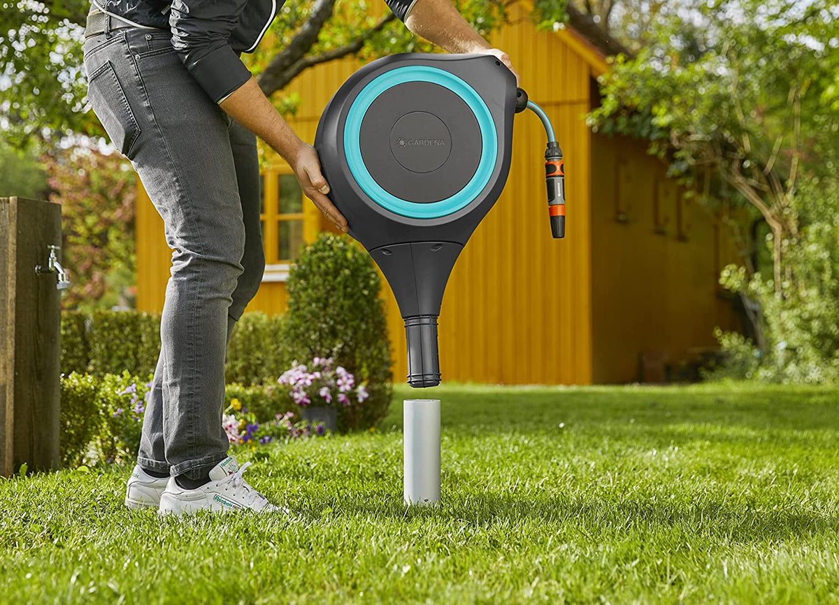 Garden Hose Box RollUp S 15m hose reel by Gardena in black with turquoise ring on Tampa Home & Garden Store