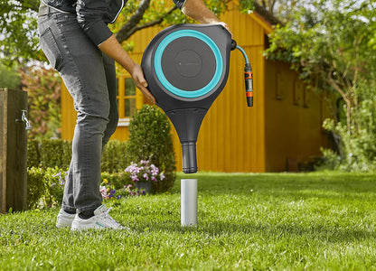 Garden Hose Box RollUp S 15m hose reel by Gardena in black with turquoise ring on Tampa Home & Garden Store