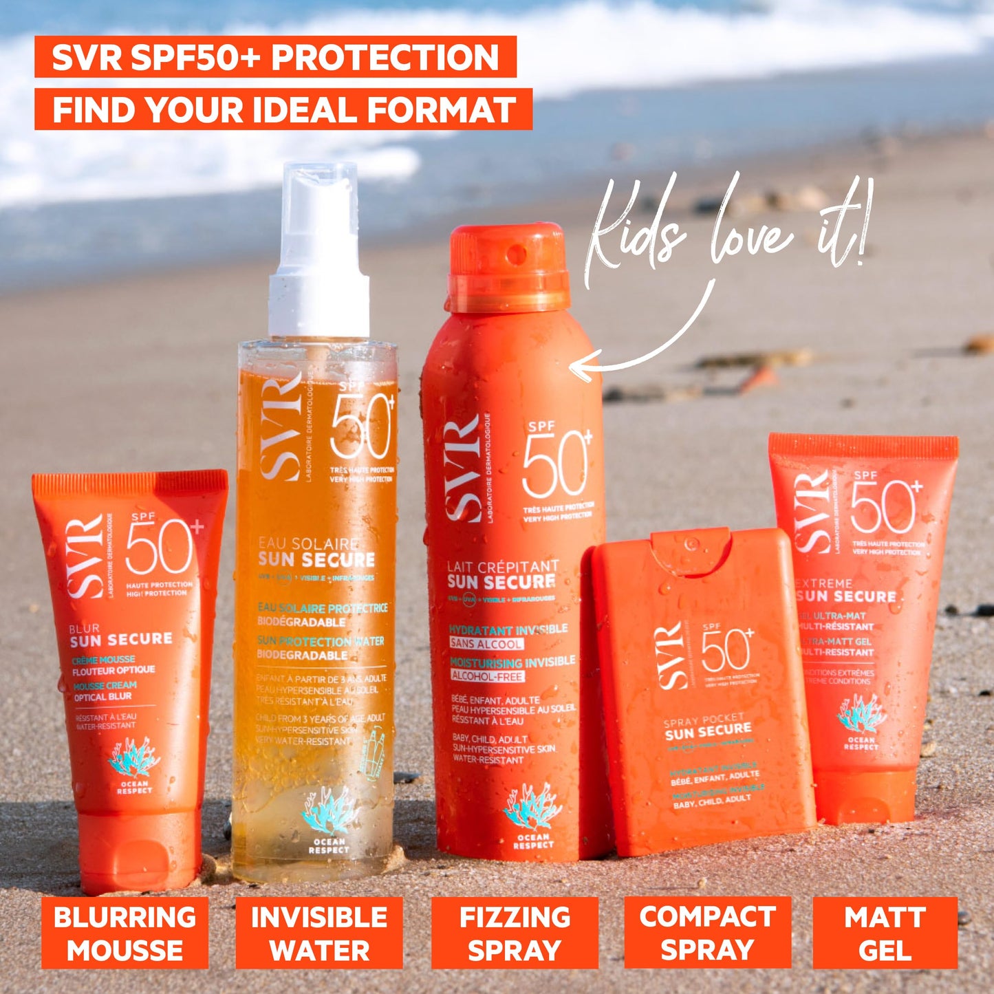 SVR Extreme Sun Secure SPF50+ Ultra Matt Gel sunscreen bottles by Beauty Care Bag on beach on Tampa Home & Garden Store