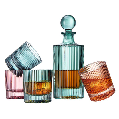 Ribbed Glass Decanter Set and 4 Whiskey Glasses