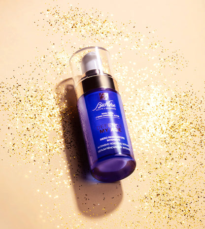 BioNike Defence My Age Renewing Serum blue bottle with pump on gold glitter background on Tampa Home & Garden Store