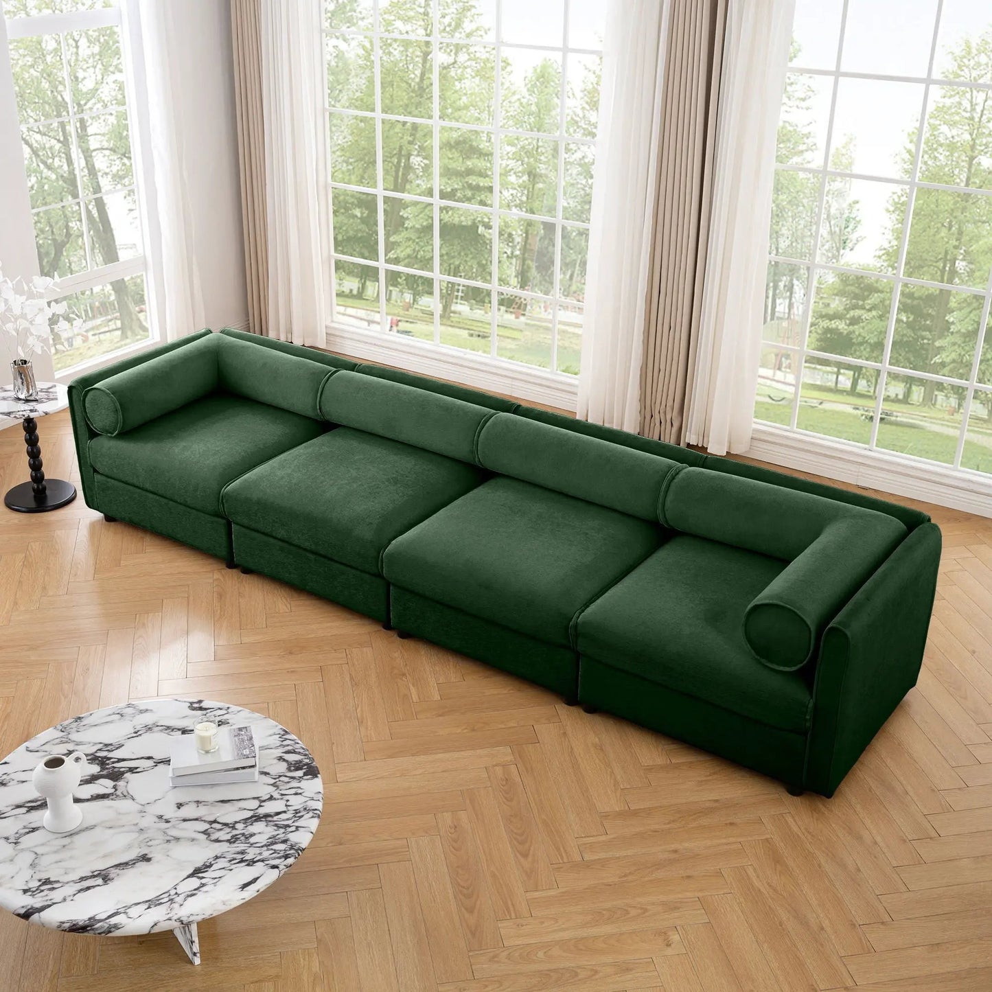 Stylish Sofa With Storage Seat And Cylindrical Backrest in emerald green velvet on Tampa Home & Garden Store