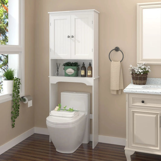 Over-the-toilet white storage cabinet with adjustable shelf and beadboard doors on Tampa Home & Garden Store