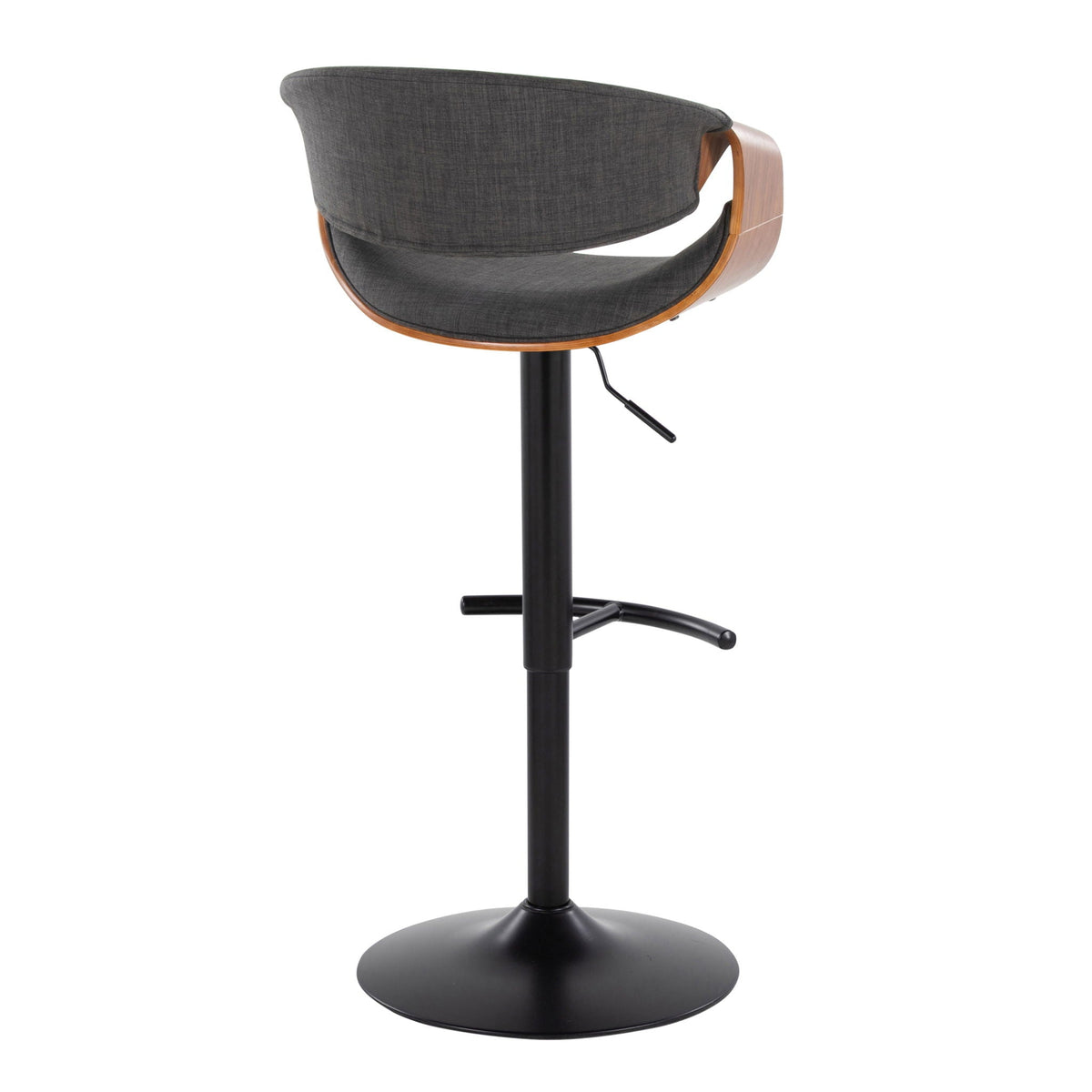 Mid Century Modern adjustable barstool with swivel, dark gray fabric, wood arms on Tampa Home & Garden Store