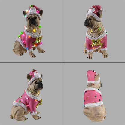 Christmas French Bulldog Statue pink coat with white trim and lights by HouseOfZazla on Tampa Home & Garden Store