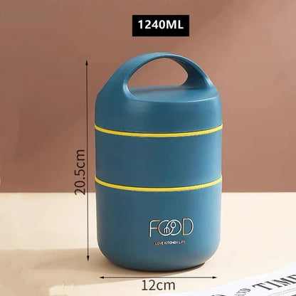 Blue multi-layer lunch box with carry handle, 1240ML capacity, yellow bands and FOOD logo front on Tampa Home & Garden Store