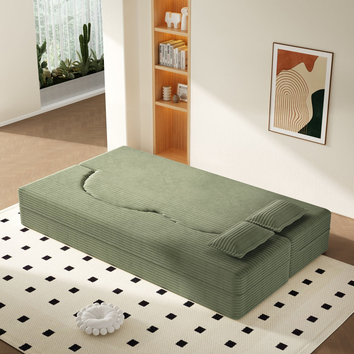 Modern floor futon sofa HouseOfZazla with 2 pillows twin-size convertible mattress green on Tampa Home & Garden Store