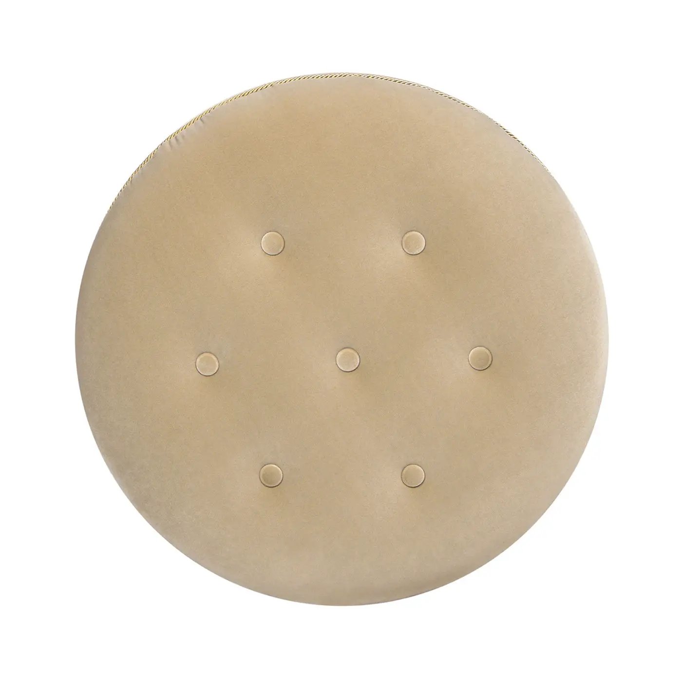 Yolanda round upholstered ottoman in beige velvet with button tufting and gold braided trim on Tampa Home & Garden Store