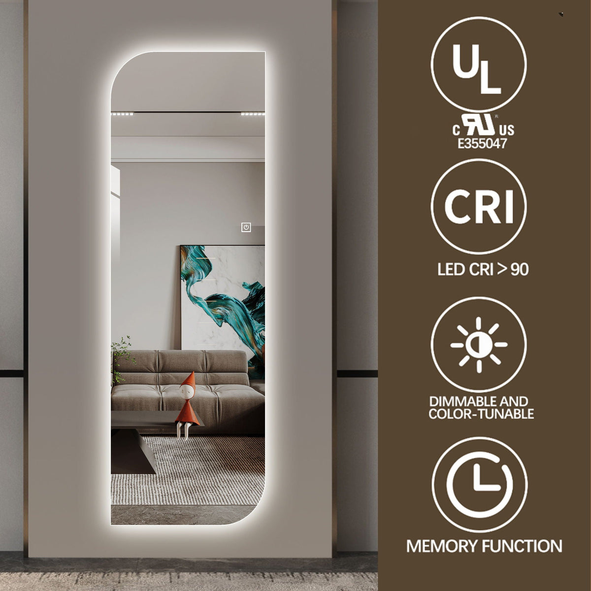 Irregular shape LED full length wall mirror, 3-color dimmable lighting, silver frame on Tampa Home & Garden Store