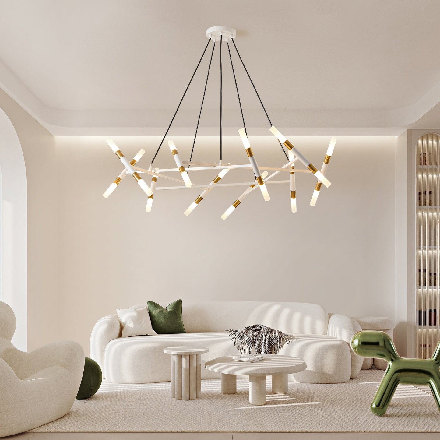 41in White & Golden Modern Chandelier by HouseOfZazla; arms with gold accents suspended by cords on Tampa Home & Garden Store