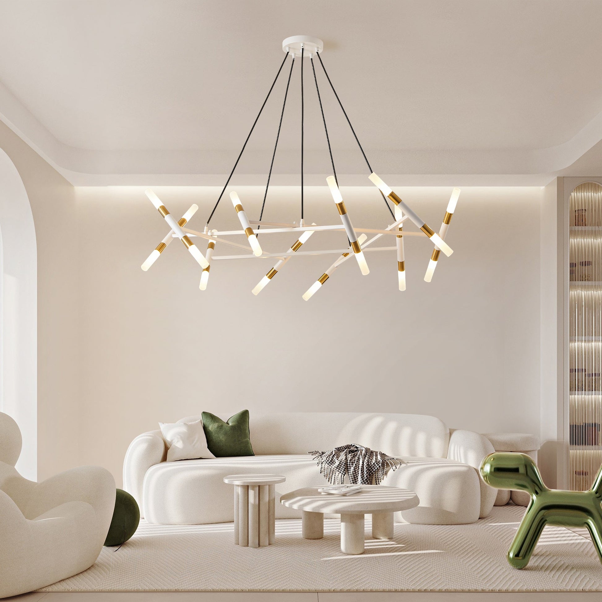 41in White & Golden Modern Chandelier by HouseOfZazla; arms with gold accents suspended by cords on Tampa Home & Garden Store