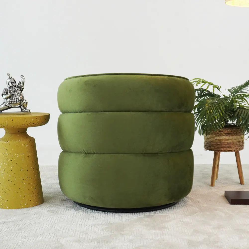 Walden - Stylish Swivel Chair in olive green velvet with three stacked rounded cushions on Tampa Home & Garden Store