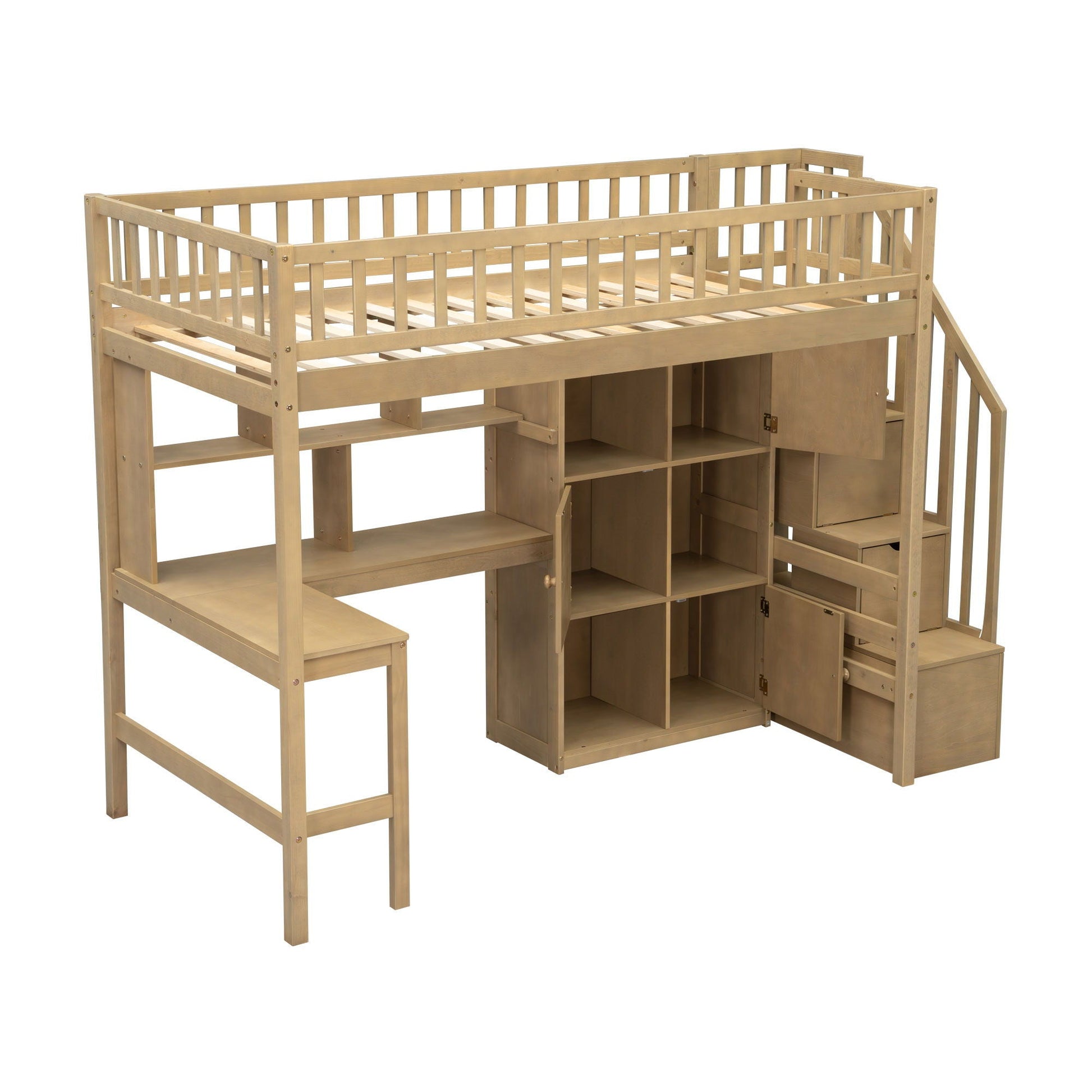 Loft bed with L-shaped desk, storage cabinets and staircase in natural wood by HouseOfZazla on Tampa Home & Garden Store