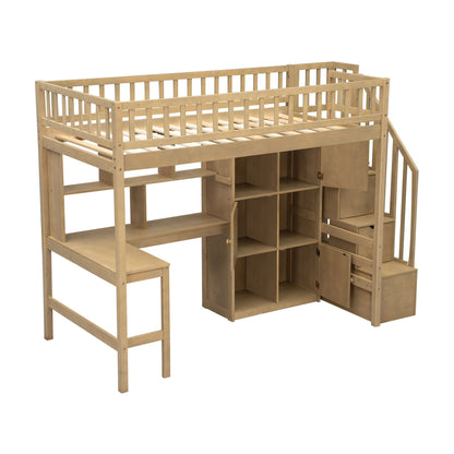 Loft bed with L-shaped desk, storage cabinets and staircase in natural wood by HouseOfZazla on Tampa Home & Garden Store