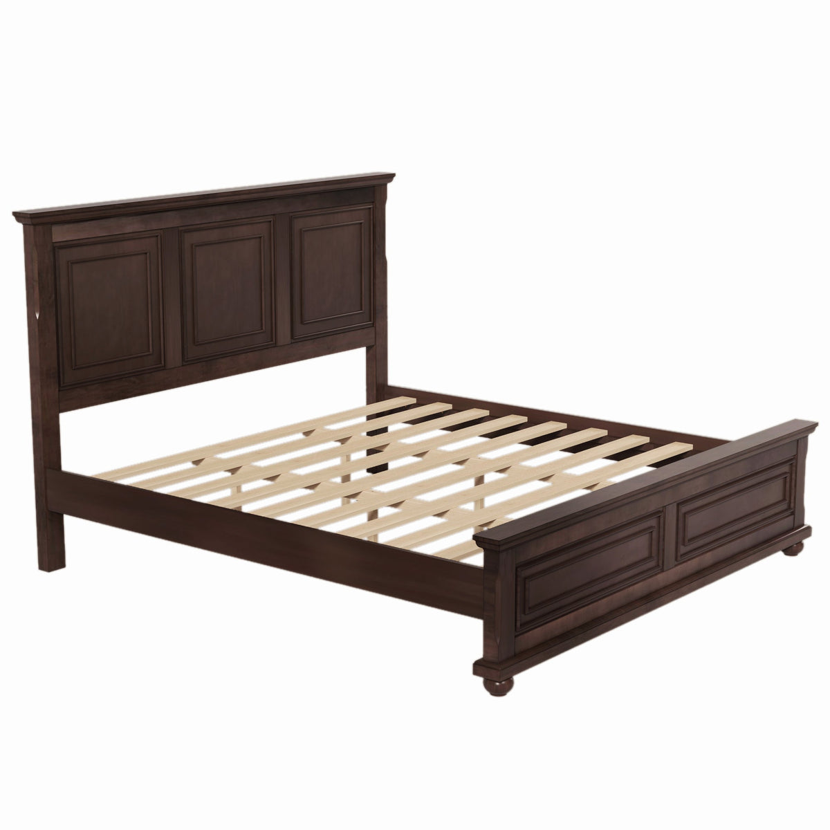 Traditional pinewood king bed frame with tall paneled headboard in rich brown by HouseOfZazla on Tampa Home & Garden Store