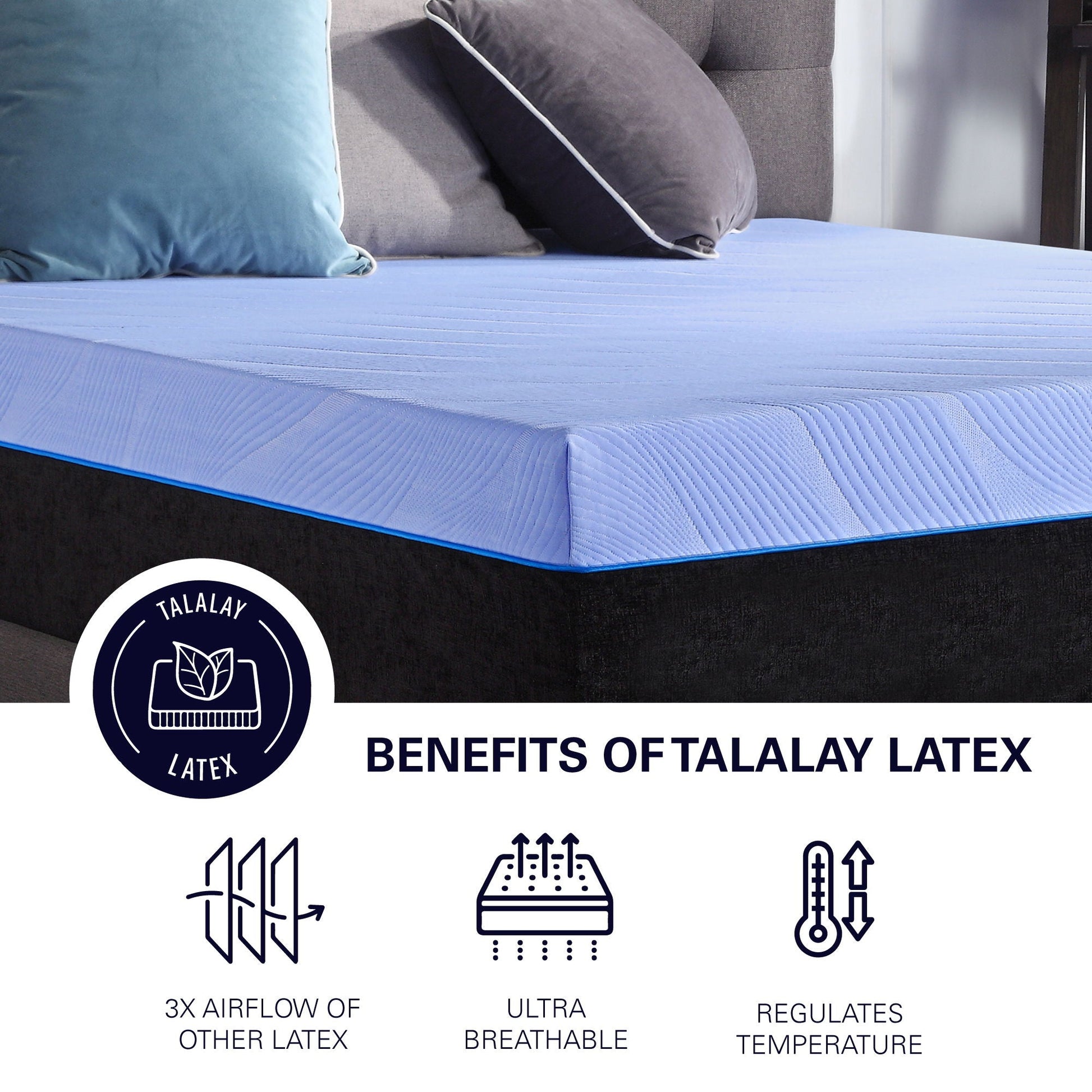 12-inch Refresh hybrid latex mattress by HouseOfZazla with blue cover and gray bolster on bed on Tampa Home & Garden Store