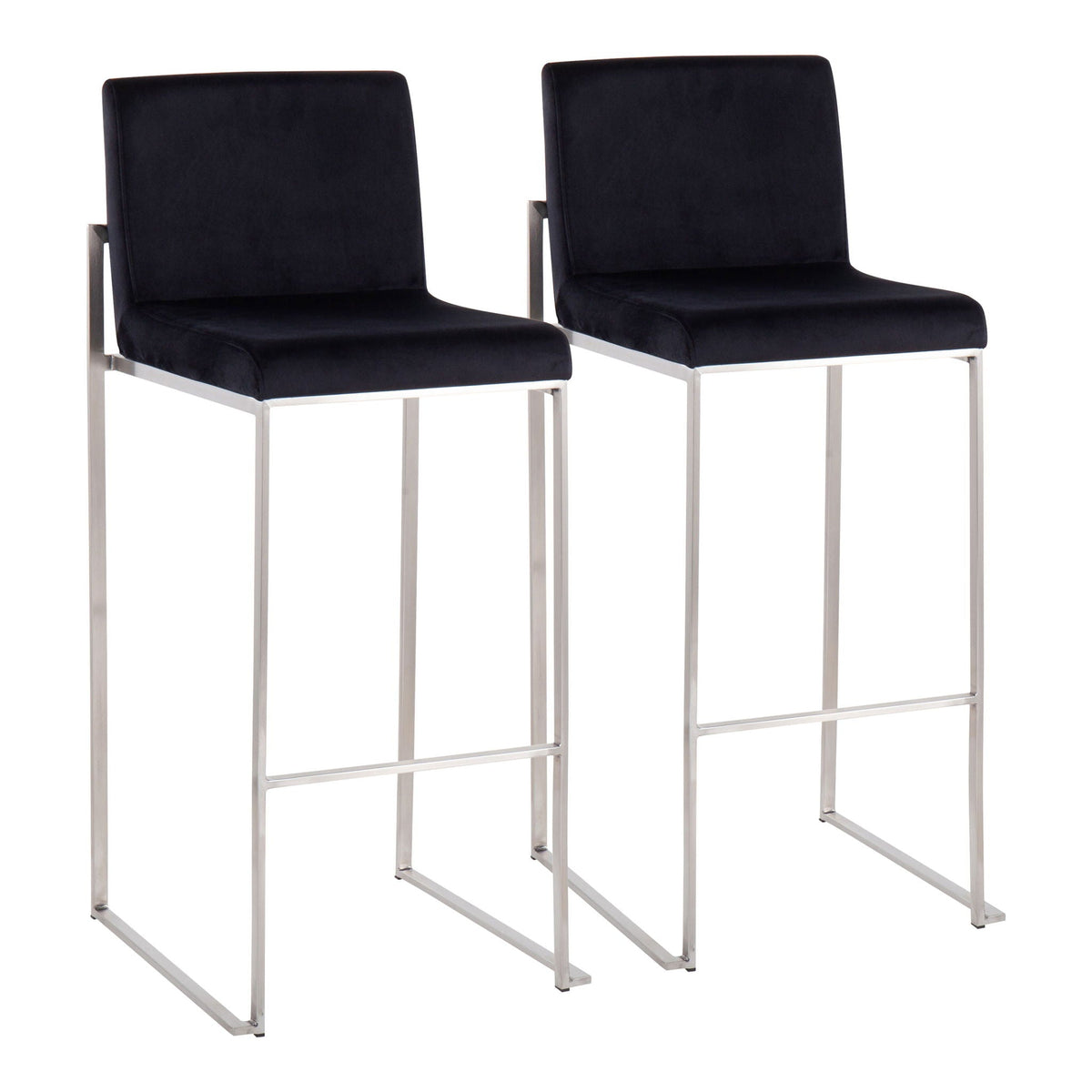 Contemporary high back barstool set with upholstered black seats and chrome frames, 2 stools on Tampa Home & Garden Store