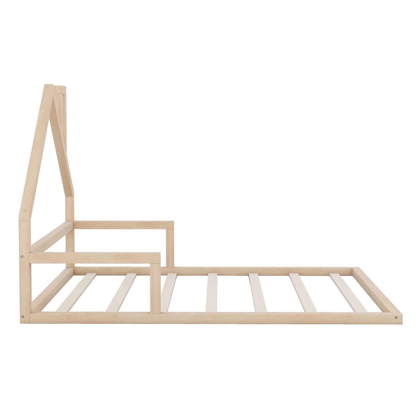 Elegant floor bed frame by HouseOfZazla with a house-shaped headboard in natural wood on Tampa Home & Garden Store