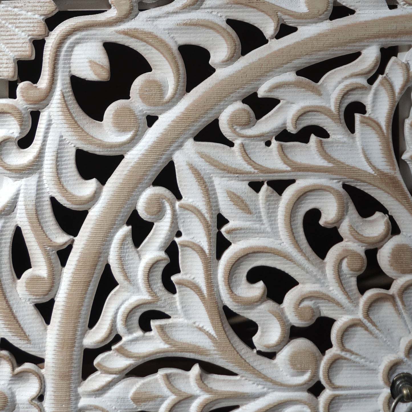 4 door wood cabinet front with vintage carved scrollwork in whitewashed wood and metal knob on Tampa Home & Garden Store