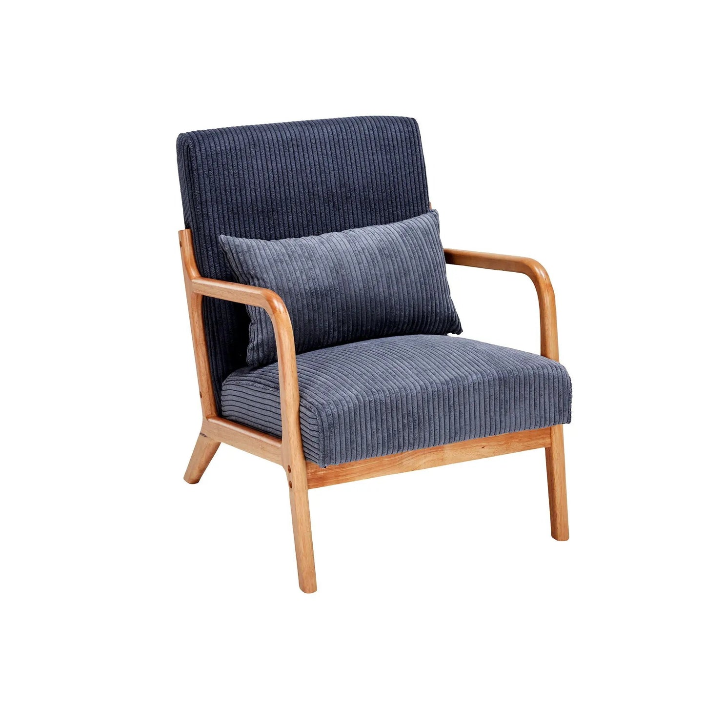 Accent Arm Chair With Pillow Upholstered in navy corduroy fabric with wooden armrests on Tampa Home & Garden Store
