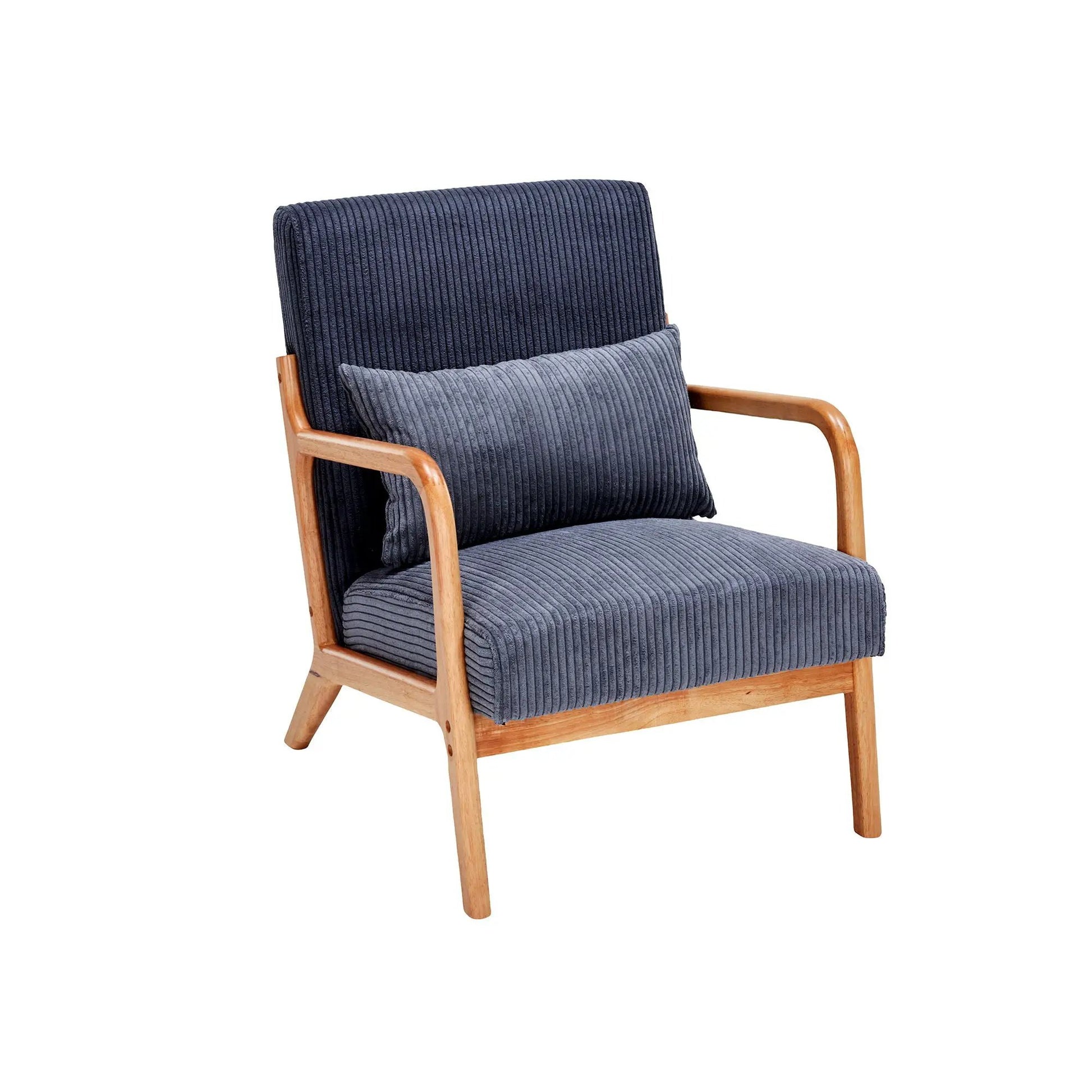 Accent Arm Chair With Pillow Upholstered in navy corduroy fabric with wooden armrests on Tampa Home & Garden Store