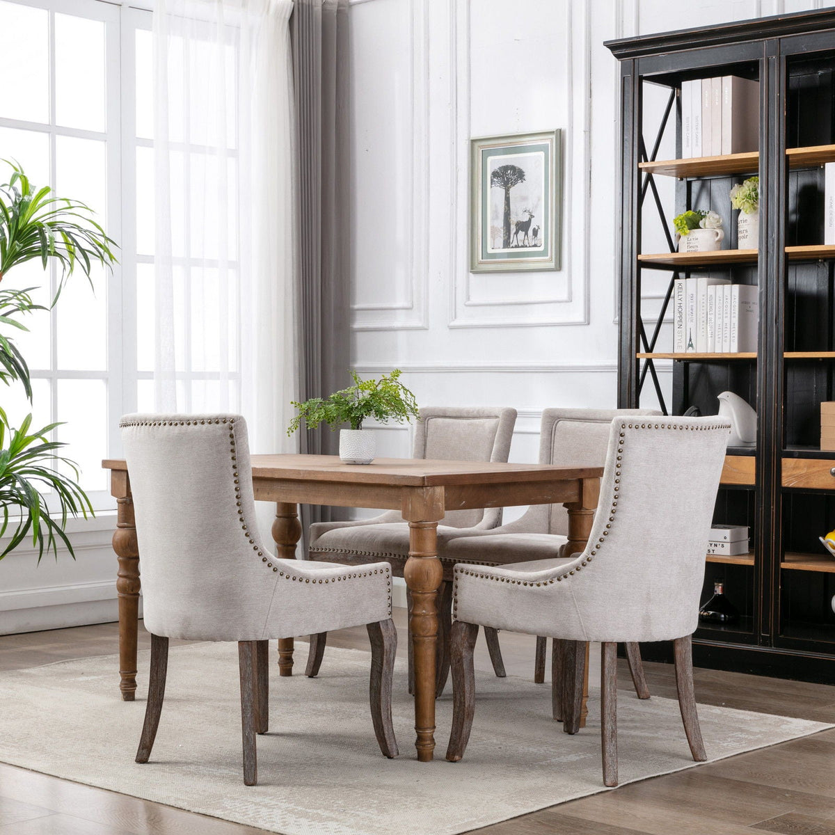 Ultra Side Dining Chair set of 2 with beige fabric, dark wood legs, nail head trim on Tampa Home & Garden Store