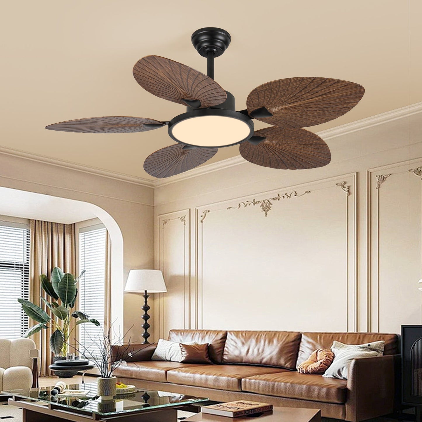 52-Inch Tropical Palm Leaf Ceiling Fan with Lights & Remote, black housing, brown blades on Tampa Home & Garden Store